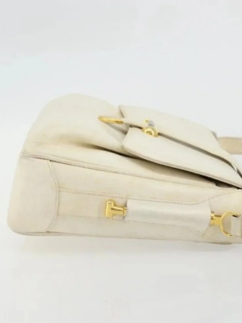 GUCCI Shoulder Bag Leather White Gold Auth BAZ692